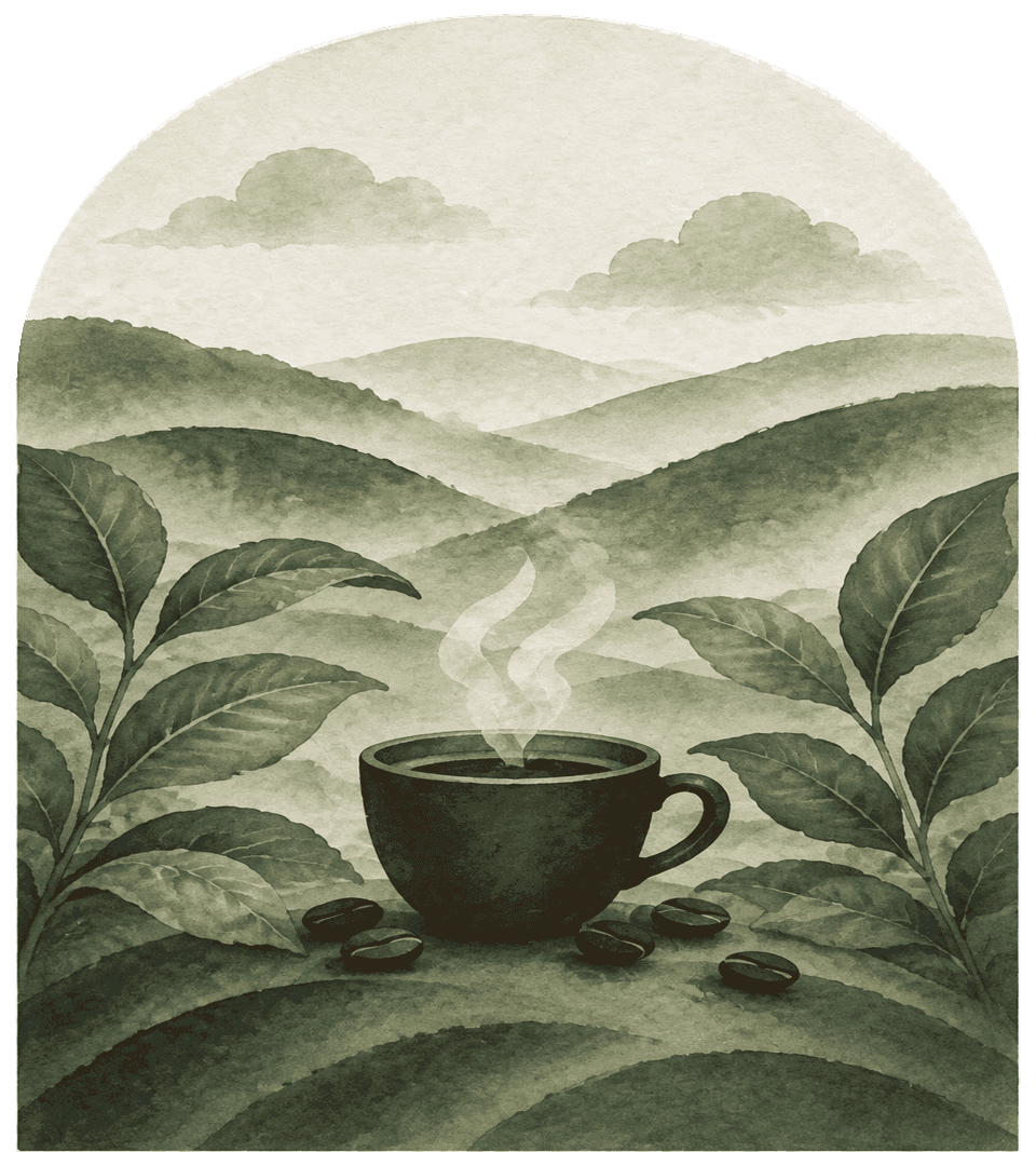Ilustrație în arc cu ceașcă de cafea, boabe și frunze